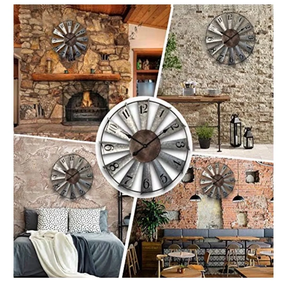 24” Windmill Distressed Metal Wall Clock Rustic Farmhouse Decor,Battery Operated